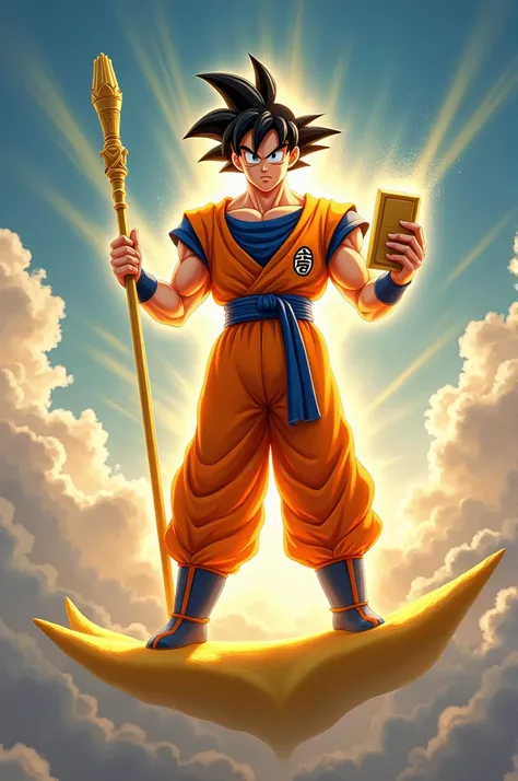 Draw Moses holding the staff and the tablets of the law floating in the cloud but wearing the clothes of Goku from Dragon Ball Z and that Moses is surrounded by a glow all over his body, that the flying cloud is yellow like Gokus flying cloud and that ever...