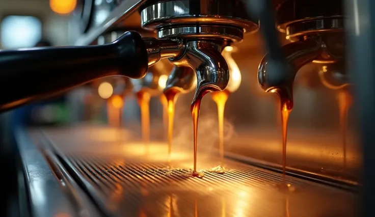 Wide shot of espresso machine in action, steam rising dramatically. Multiple streams of rich crema espresso flowing. Professional lighting highlighting steam and liquid. Chrome surfaces reflecting warm cafe environment. Shot on wide aperture for shallow de...