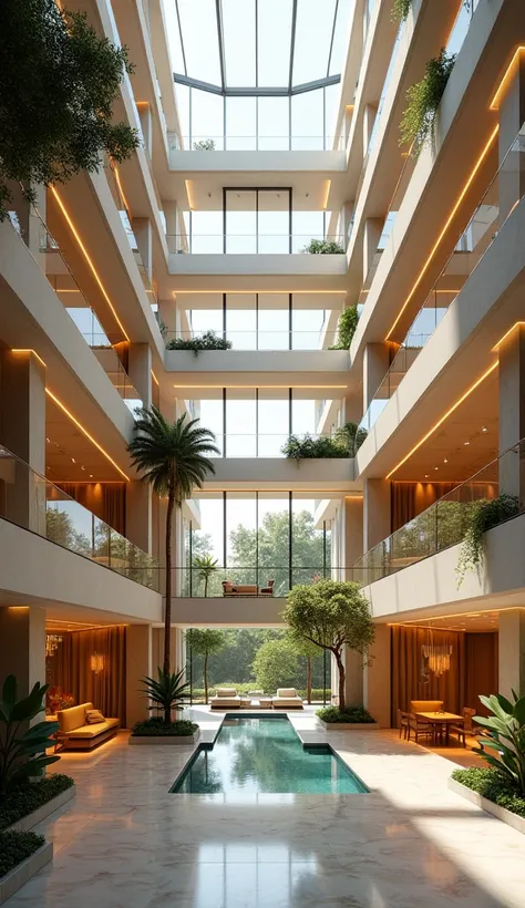 artistic designer house, a five-story building, The atrium is beautiful, indoor, sunlight shines through, Realistic