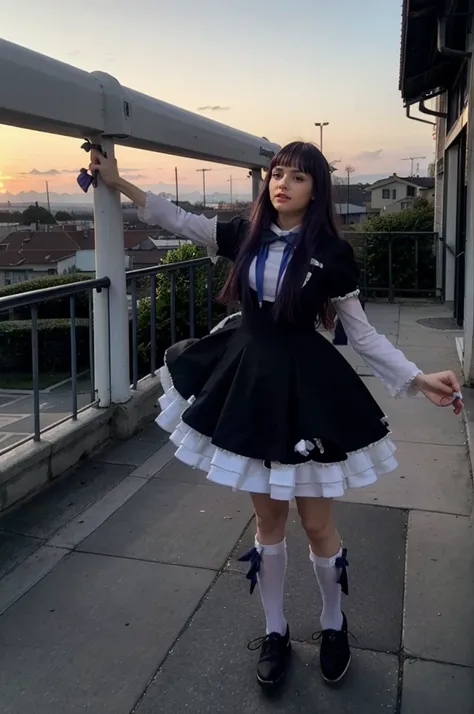 (masterpiece), best quality, fit but meaty, woman in her 30s, frederica bernkastel, dress, tail bow, purple hair, bowtie, cat tail,, socks, (crazy eyes:1.2), (troll face), (flying), (candy:1.4), sky, outside, red sky, milky way, stunningly beautiful, cyber...