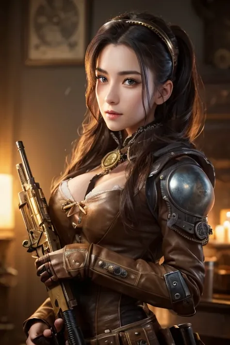 a woman in a steampunk outfit holding an assault rifle, beautiful detailed eyes, beautiful detailed lips, extremely detailed eyes and face, long eyelashes, cyberpunk, intricate mechanical details, gears, brass, cogs, steampunk goggles, rugged and worn text...