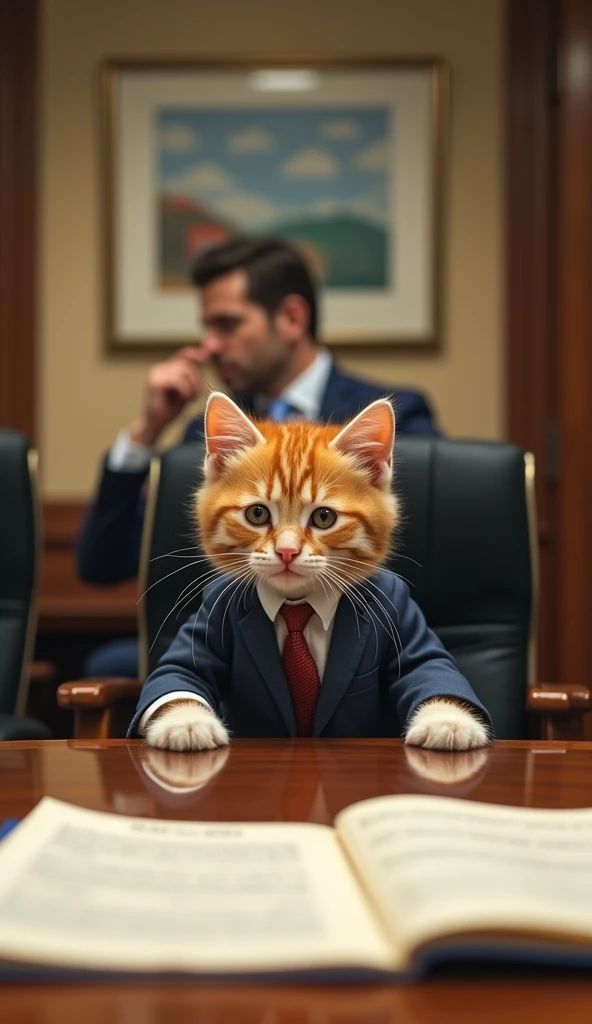  is a conference room。A kitten ６ in an office workers suit is sitting on a chair at the conference table and looking at the materials with a serious face。I get sleepy and fall asleep。Exaggerated facial expressions and movements 