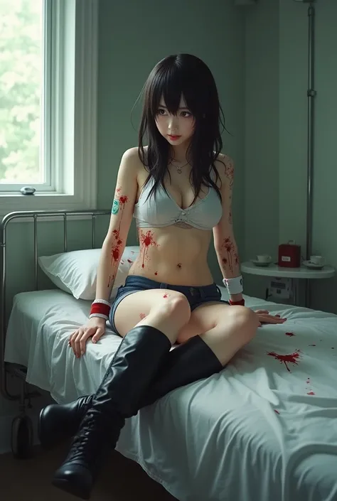 Beautiful Japanese woman protecting small ren、Female Investigator Cosplay、Covered in blood、Wearing shorts、 is wearing black long boots、Hospitalized、 is falling down on the bed、The woman injured her leg and is wearing a bandage、