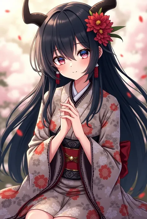 (masterpiece:1.2), best quality,PIXIV,
black hair, japanese clothes, floral print, 1girl, hair ornament, horns, sitting, looking at viewer, flower, kimono, blue eyes, hair flower, earrings, long hair, haori, jewelry, own hands together, tassel, wide sleeve...