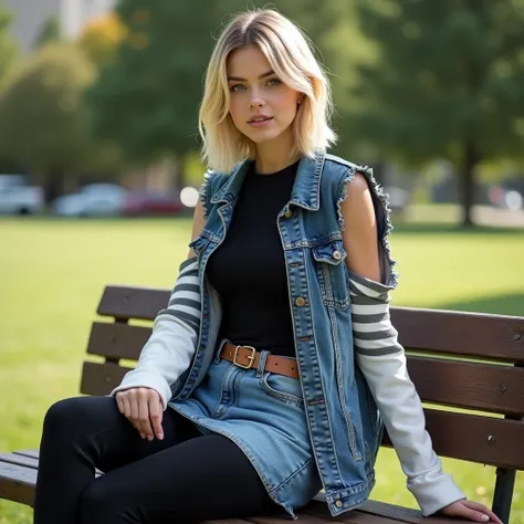 Android 18, sitting on a bench in a park, young woman, natural blonde hair BOB LONG cut short ,sleeveless frayed denim jacket on,  tight black top with white sleeves with several very thin horizontal gray stripes,
denim miniskirt, light brown belt with gol...