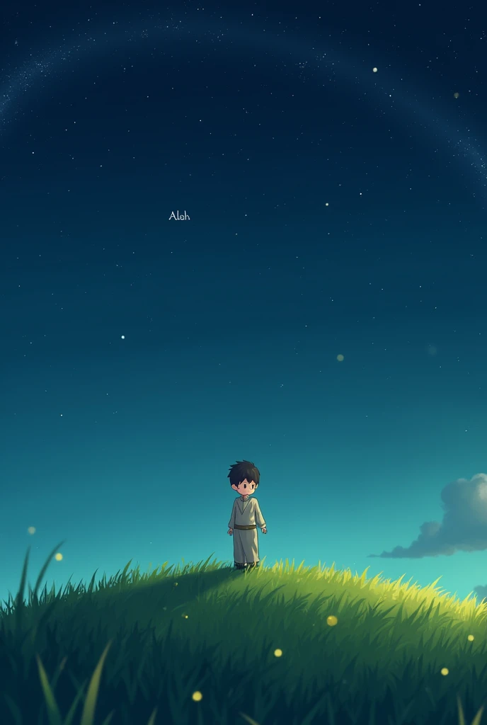  Muslim Anime boy lush Green grass on top sky ALLAH name watching image night mode