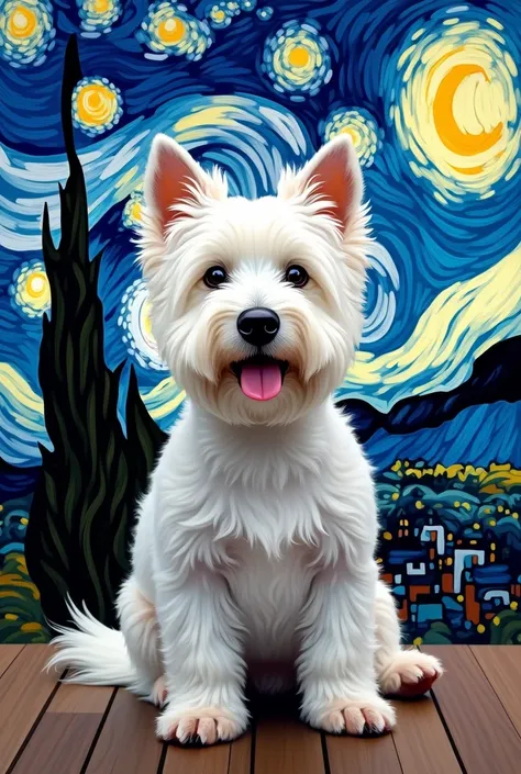 A westie dog on a background "la nuit" de Van Gogh 