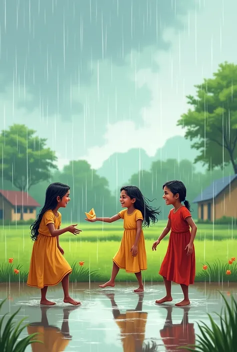 Create a joyful rainy day scene illustration of with indian students in normal gome dress detailed body posture of age 10-12 playing in the rain. Show them getting wet in the falling raindrops, enjoying the moment with laughter and cheer. One is holding a ...