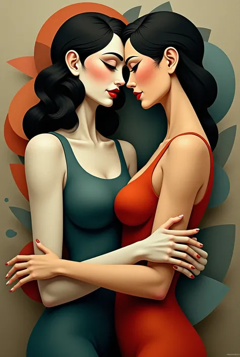 create a photo that have cubism style of two women holding hands
