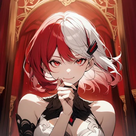 Ballroom, solo, white and red hair, white hair, red hair, gradient hair, white hair with a bit of red, short hair, shining hair, hairclip, medium-large breast, facing viewer, subtle smile, arrogant, half body shot, one hand on chin,