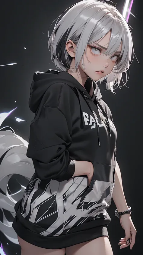    movie poster with young woman as protagonist  、 (Silver_hair, Dark Gray_hair,two-tone_hair:1.4)、(  short bob:1.2)、( clear white eyes 1 .4)、  her face has a stiff expression  ,( plain black hoodie :1.5)、(black simple background 1  .4)、Rough, With danger ...