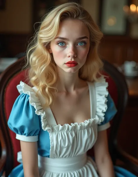 (1 very young cute Alice in Wonderland), medium curly blonde hair, elegant, very beautiful, detailed face, detailed eyes, psychedelic, in a victorian house, very realistic, fringes, blue eyes, cozy atmosphere, serious face, red lipstick, sitting on a chair...