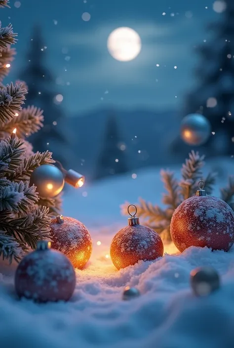 　Closeup of Christmas decorations 　 What is shown is a small snowy night scene 　deep々and snow　 showing a quiet, gorgeous winter night　3D render 　8K Photo