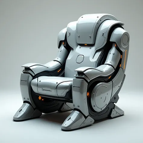 

"Design a futuristic chair inspired by Iron Mans suit, with metallic armor-plated arms and legs, and a sleek, high-tech aesthetic."