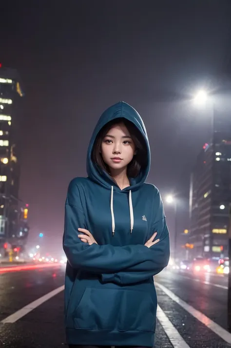 (( upper body:1.5)) A handsome woman is standing in the center , he、 I lived in a foggy city with lots of skyscrapers and wide roads , Her outfit is cool , casual yet British -  ( combined with a larger hoodie to cover her long legs).  part of her hair fal...