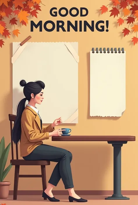  An empty template for filling out games and mailing players , , on top of the edge, there is a girl with high hair,  sitting at a table with a cup of tea or coffee . facing us, Fashionably dressed , The background is neutral,  and the picture is in warm a...