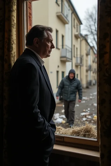 Photo d’un homme riche regardait par sa fenêtre et vue un pauvre homme fouiller quelque chose dans sa poubelle 