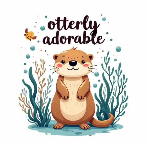 A t-shirt design with a white background saying "Otterly Adorable" in the style of whimsical aquatic-themed art.