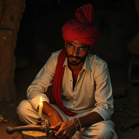 Arjun A handsome young Rajasthani man in traditional attire, wearing a white kurta and dhoti with a vibrant red turban, in a dimly lit hut, sharpening his father’s old sword by candlelight. His expression is resolute, with shadows of inner conflict visible...