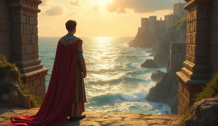 Create an image of a young prince standing on ancient castle steps looking out at the vast sea, in a classical style with blazing sunlight. Mood hopeful, with waves crashing. Camera angle from behind, deep DOF.

