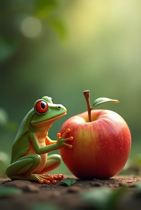 Frog and apple are facing each other 