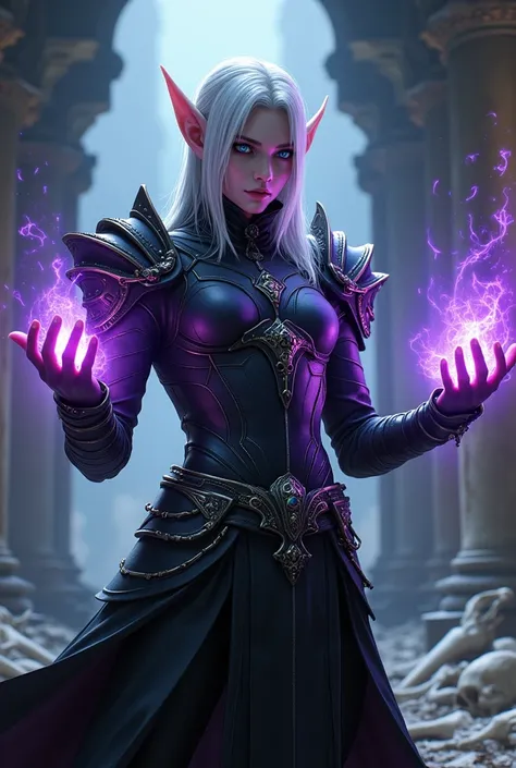 Create final fantasy style: a handsome male elf with gothic makeup with light blue skin with straight white hair with blue eyes wearing light black steampunk armor with ornaments exuding a pulsating purple magic in the hands in a temple with bones