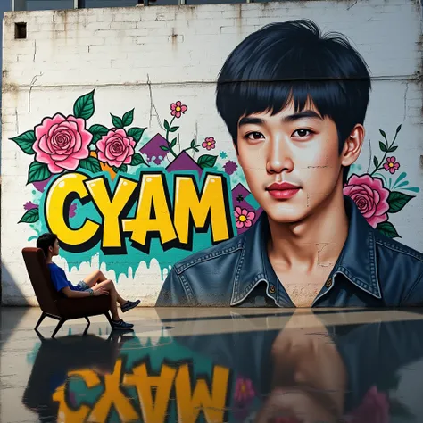 "A large graffiti mural features a realistic portrait of a young Asian man with black hair, plastered on a cracked white brick wall. The name Cyam is written in complex colorful graffiti letters, dominated by bright yellow. The mural is decorated with elem...