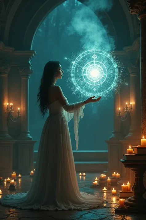 A mystical, glowing aura envelops a womans hands as she casts an ostensible spell, her fingers weaving intricate patterns in the air, amidst a dimly lit, mystical chamber filled with ancient tomes and flickering candles, with a subtle, ethereal glow, remin...