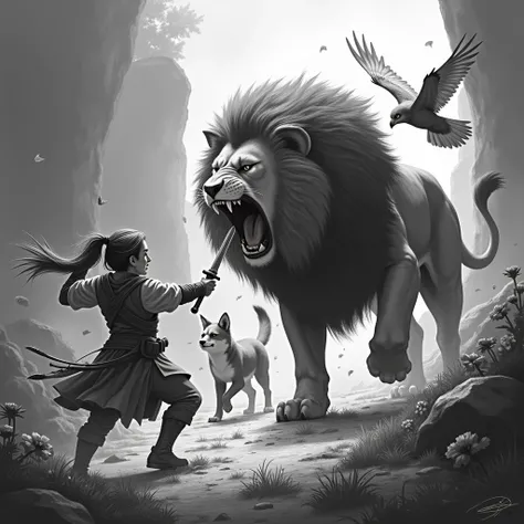 Gretel swings the sword, and the fox leaps at the Lion’s side, while the owl swoops down to distract the beast. The Lion roars in fury.
white and back realistic