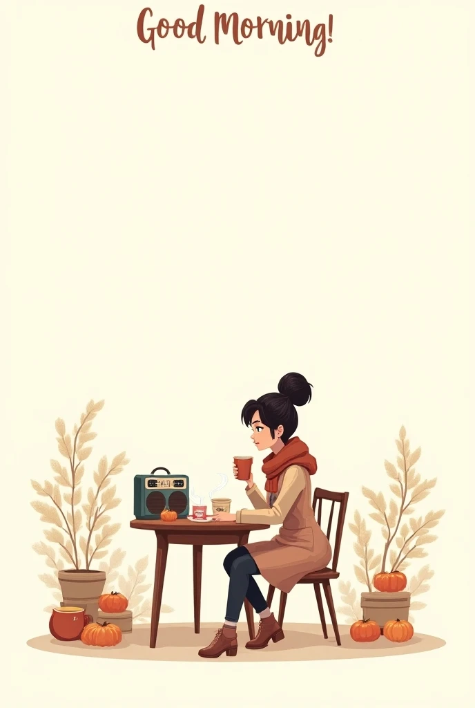  An empty template for filling out games and mailing players , , on top of the edge, there is a girl with high hair,  sitting at a table with a cup of tea or coffee . facing us, Fashionably dressed , scarf, Radio,  teapot , the drawings on a white backgrou...