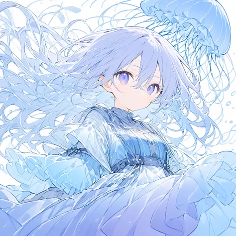 Transparent watercolor、 light blue long hair(( with purple gradation))、Extended bangs(( hair between eyes))、Fashionable clothes、Big sleeves、Wide skirt、 splash、 portrait、Line art、 Please draw a girls hair and clothes swaying gracefully underwater、background...