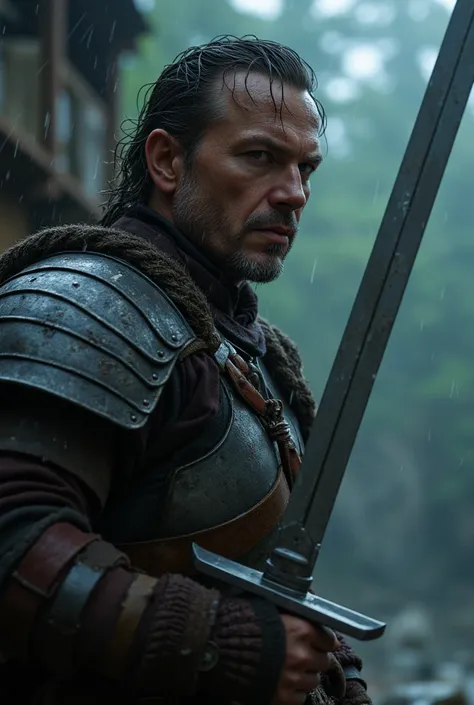 a battle-hardened warrior, sword in hand, face etched with fierce determination, rain cascading down his weathered features, the tip of his blade glinting in the cinematic light, hyper-realistic, masterpiece, 8k, photorealistic, extreme detailed descriptio...