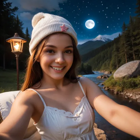 photo realistic, best quality, hyper detailed, gorgeous woman, selfie photo, upper body, only, sundress wearing, al fresco, (night), mountains, nature in real life, stars, moon, (cheerful, happy), sleeping bag, gloves, sundress, beanie, torch, forest, rock...