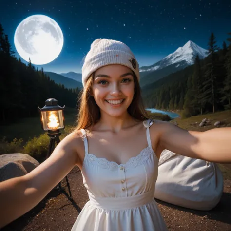 photo realistic, best quality, hyper detailed, gorgeous woman, selfie photo, upper body, only, sundress wearing, al fresco, (night), mountains, nature in real life, stars, moon, (cheerful, happy), sleeping bag, gloves, sundress, beanie, torch, forest, rock...