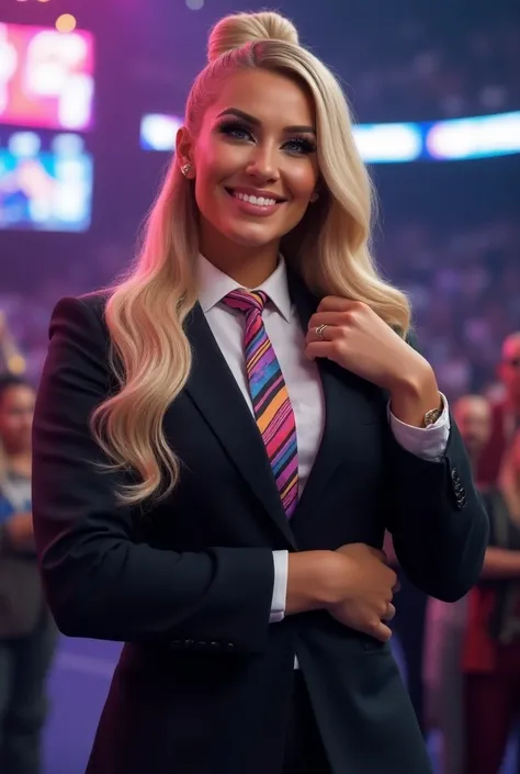 ablissWWE2023, 1 ,  best quality , masterpiece,  depth of field  , 5 fingers, foto RAW,  photorealistic , blonde, smile, mascara, big eyelashes,  full body , business suit, gravata, colorful,  hair bun , WWE
