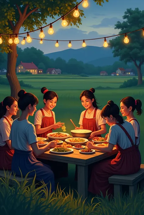 Rural community, young women only with no males, sitting on chairs, eating and preparing meals on tables together at night at a field surrounded by grass, trees and some houses. Some light bulbs hanging to give lighting. 