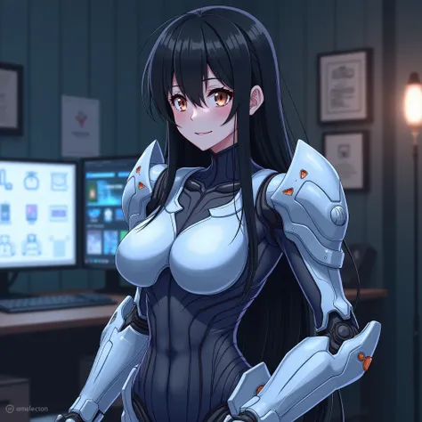 (upper body), (realistic, [anime]), (3d:0.3), dramatic lighting, ((masterpiece)),(quality),(highres), tall Lady Voidstar, [[covered abs]], ((x-ray power armor|lined bodysuit|white power armor) mechanical arms), long black hair undercut, [evil smile], small...