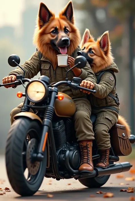 A Caucasian Shepherd Dog Dressed by the Army and a Puppy Caucasian Shepherd Dressed by the Army Drink Coffee Together on a Motorcycle 