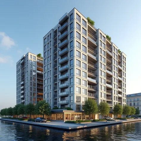  Create a realistic image of the facade of the Morskaya Embankment residential complex in St. Petersburg, address Neva Bay shore , as high detail , look at examples on Google  ,  The residential complex specializes in panoramic apartments , Professor Popov...