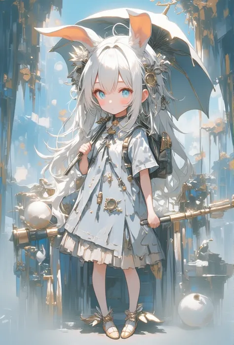 girl with long platinum hair, light blue eyes, a mole on her right eye, floppy rabbit ears, her weapon is an umbrella, wears short pants, and shoes with wings on the side