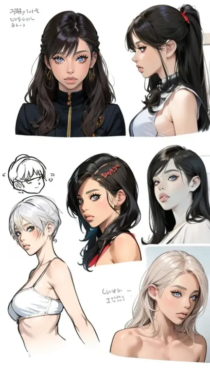 ((masterpiece)),((( Top Quality ))),(( character design sheet )), ((Full view)) illustration, Sex Slave Catalog ,1 woman,  thick thighs, (( detailed face:1.4))  Appropriate 14-year-old Japanese Sunburn Kuro Gyaru Prodigal Sex Friend,  rough sketch ,  Bust ...