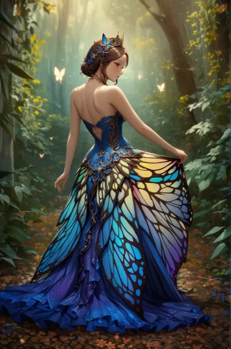 masterpiece、 High Quality、 best quality、Delicate depiction、beautiful、art、beautiful女性、Butterfly Wingsを持つ青いドレスを着た女性, Magical Dress, beautiful翼, Wearing a beautiful dress, Beautifully open wings , Butterfly Wings, 絶妙でbeautifulAラインドレス,  fantasy dress, Seven-co...