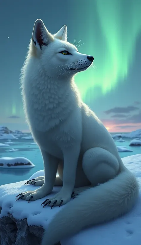 ""Design a unique hybrid creature combining a fox and a seal. The creature should have the agile body and bushy tail of a fox, but its limbs should resemble a seal’s flippers, blending seamlessly into its sleek fur. Its head should feature a fox’s sharp mu...