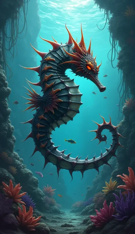 I want to create a picture hybrid animal from these two animals danger seahorse and denger oyster create this picture with background of under water 