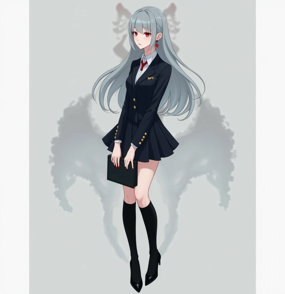 ( real photo :1.5), (( is standing with the best quality )), ((masterpiece)), ( Detailed ),  Korean girl1명(19 years old,  Korean girl ,Office uniform,,  clear, white face , , , Red eyes, Long hair,  perm hair,V characters , Look straight ahead ) Korean gir...