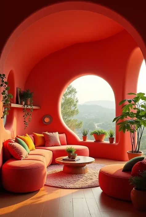 A living room in the shape of a tomato