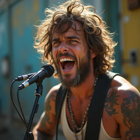 Messy surfer style man , freckles on the face,  blue eyes with tattoo on his neck and arms Battle of rhymes on the freestyle microphone of the favela puffers, masterpiece, cinematic ,natural, hyperrealistic,8K, photorealistic , text,intricate,exquisite,ele...