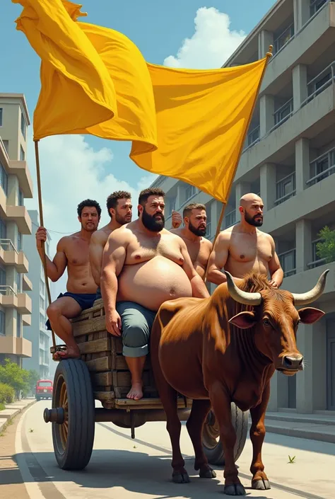 6 men (1 fat, 2 chubby, 3 skinny) on an ox cart, a yellow flag, behind is an apartment building