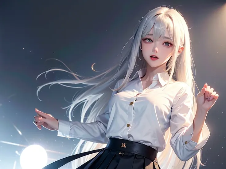 ((masterpiece,  Best Quality )), (1girl), ( solo ), (female focus), (Ahog, white hair,  Very Long Hair),  golden eyes, A clear smile,  Open Mouth, (( white shirt ), (Button Shirt ), ( Gap Button )), (( black skirt), (Short skirt)), Standing,  white backgro...