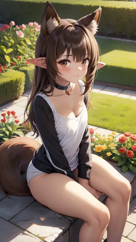 fox, (Monster Girl ), long brown ears，Dark brown inside,  Brown fur, tanned neck fuzz,  Brown Furry Tail，Brown tip,  big brown eyes , wearing plain clothes,  sitting in the garden , masterpiece,  Best Quality 